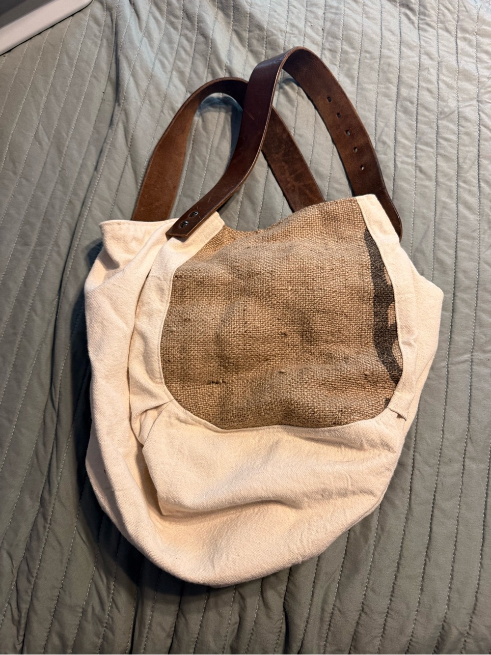 Canvas and Burlap Shoulder Bag with Leather Straps - Natural Brown - Picture 2 of 6